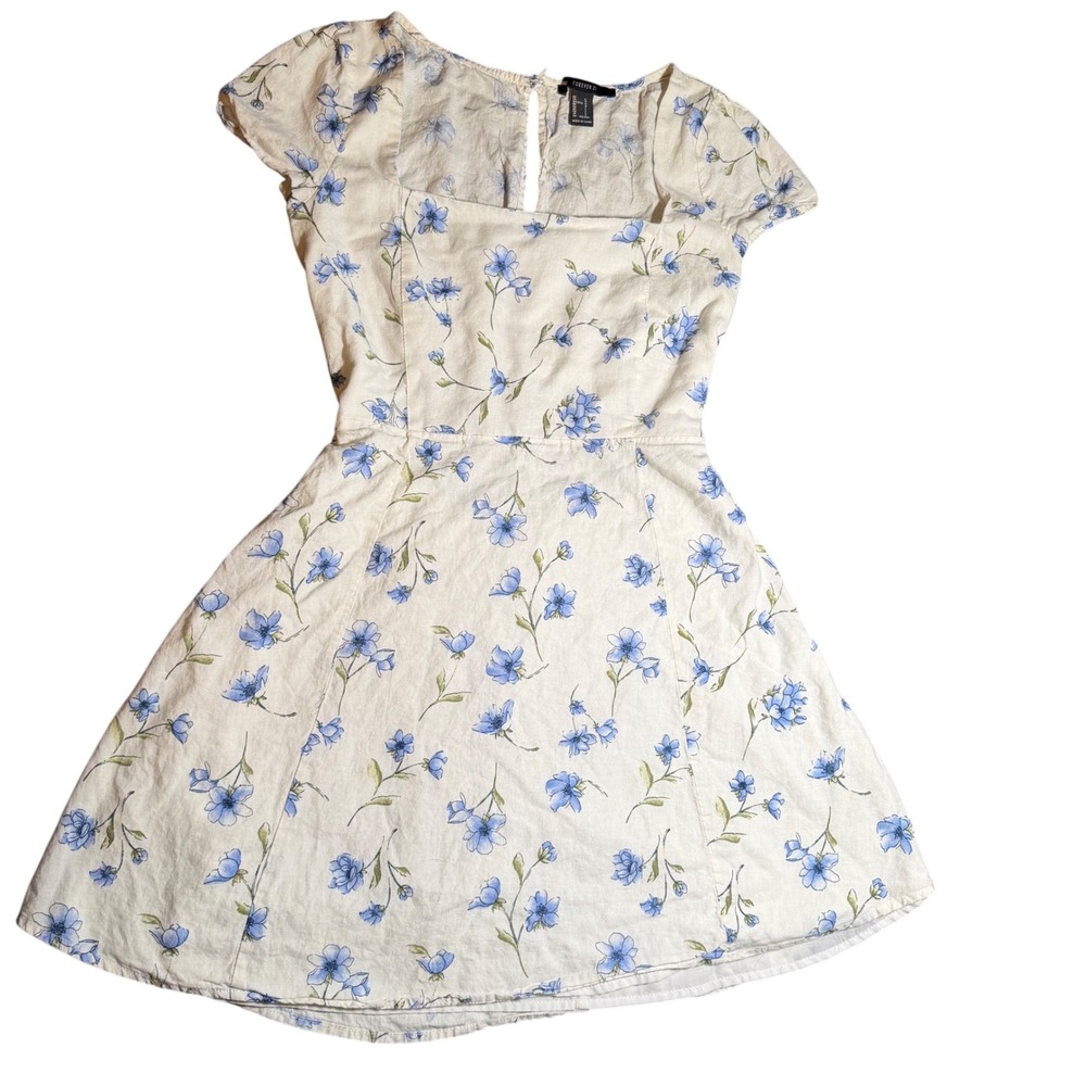 Forever‎ 21 Blue Floral Mini Dress Large Cream Square Neck Cutout Back Summer